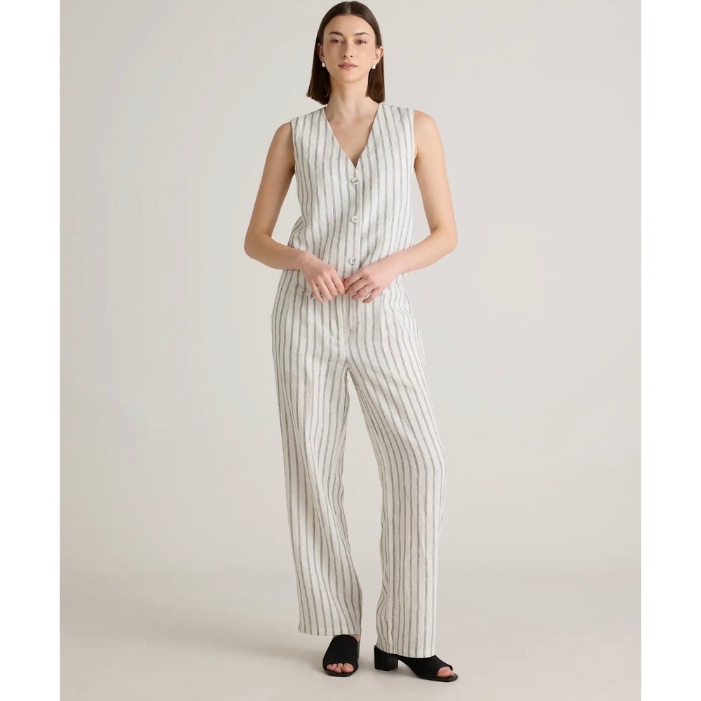 Quince Womens Sz 6 Oatmeal Black Striped 100% Linen Pleated Trouser Pants